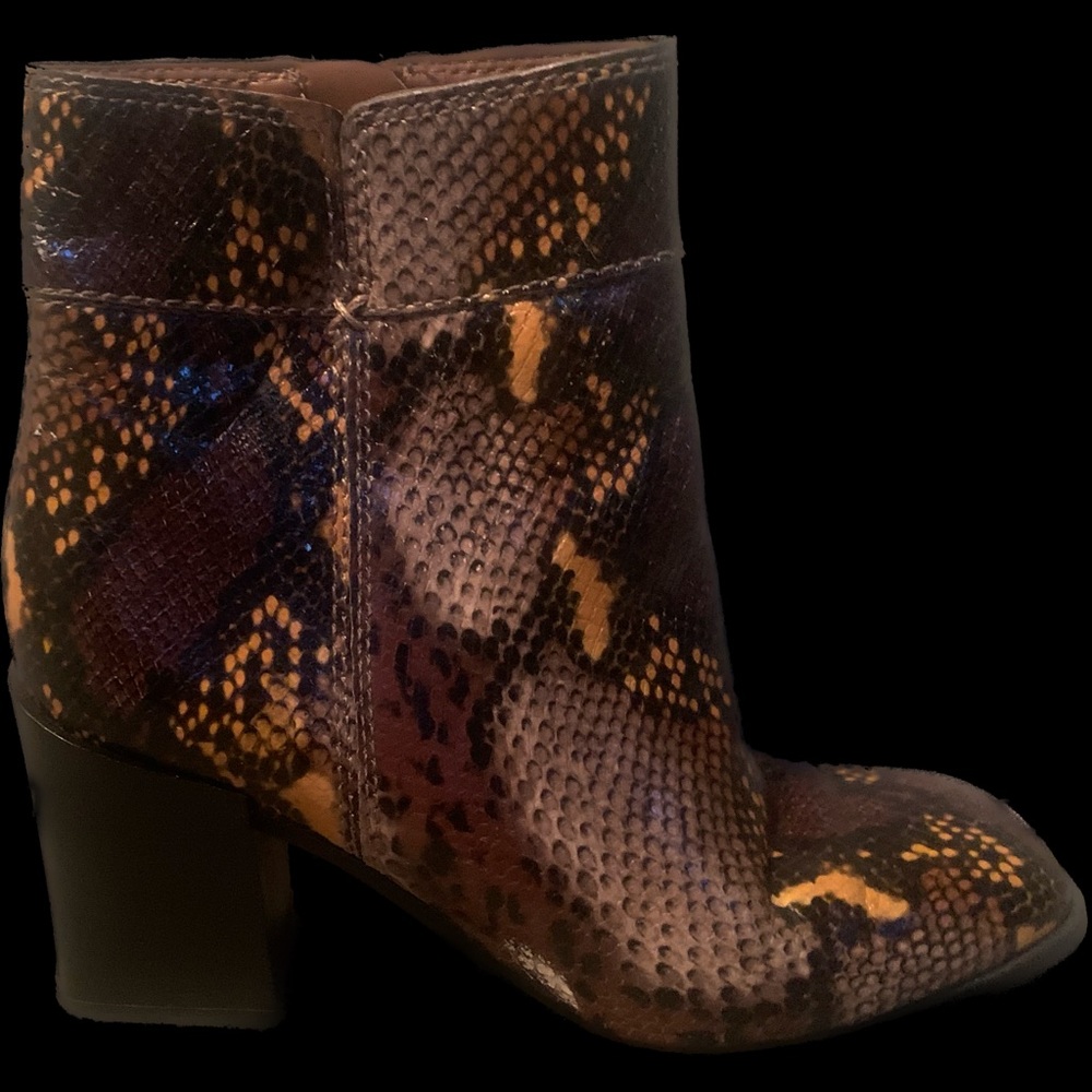 Franco Sarto leather Generous snakeskin-look bootie in black, cocoa, and gold 7M